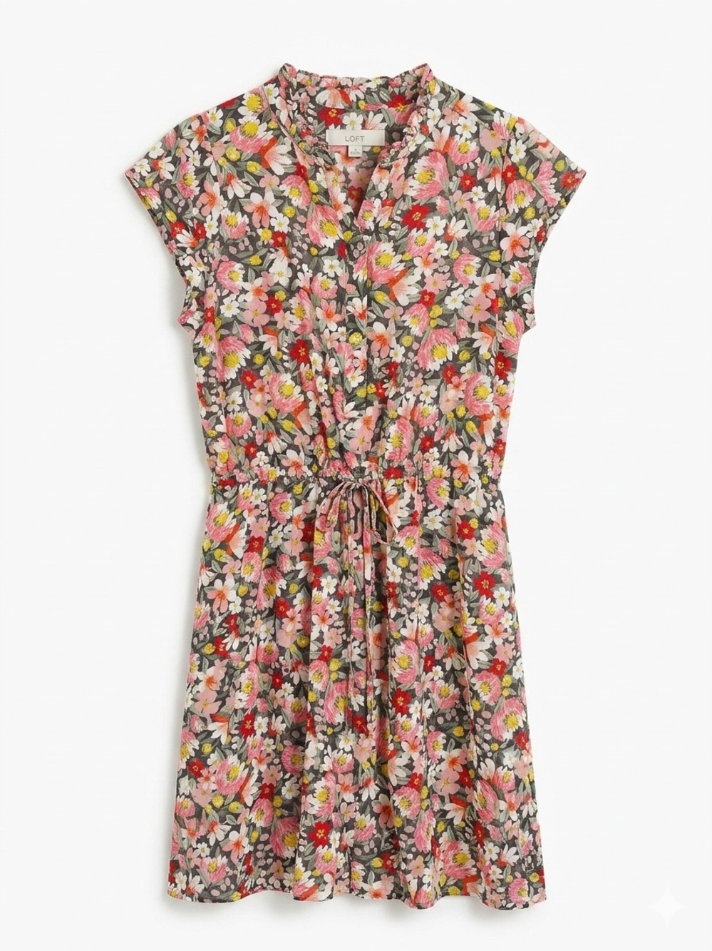 LOFT Floral Ruffle Drawstring Dress Pockets Women’s Medium Cottagecore Garden